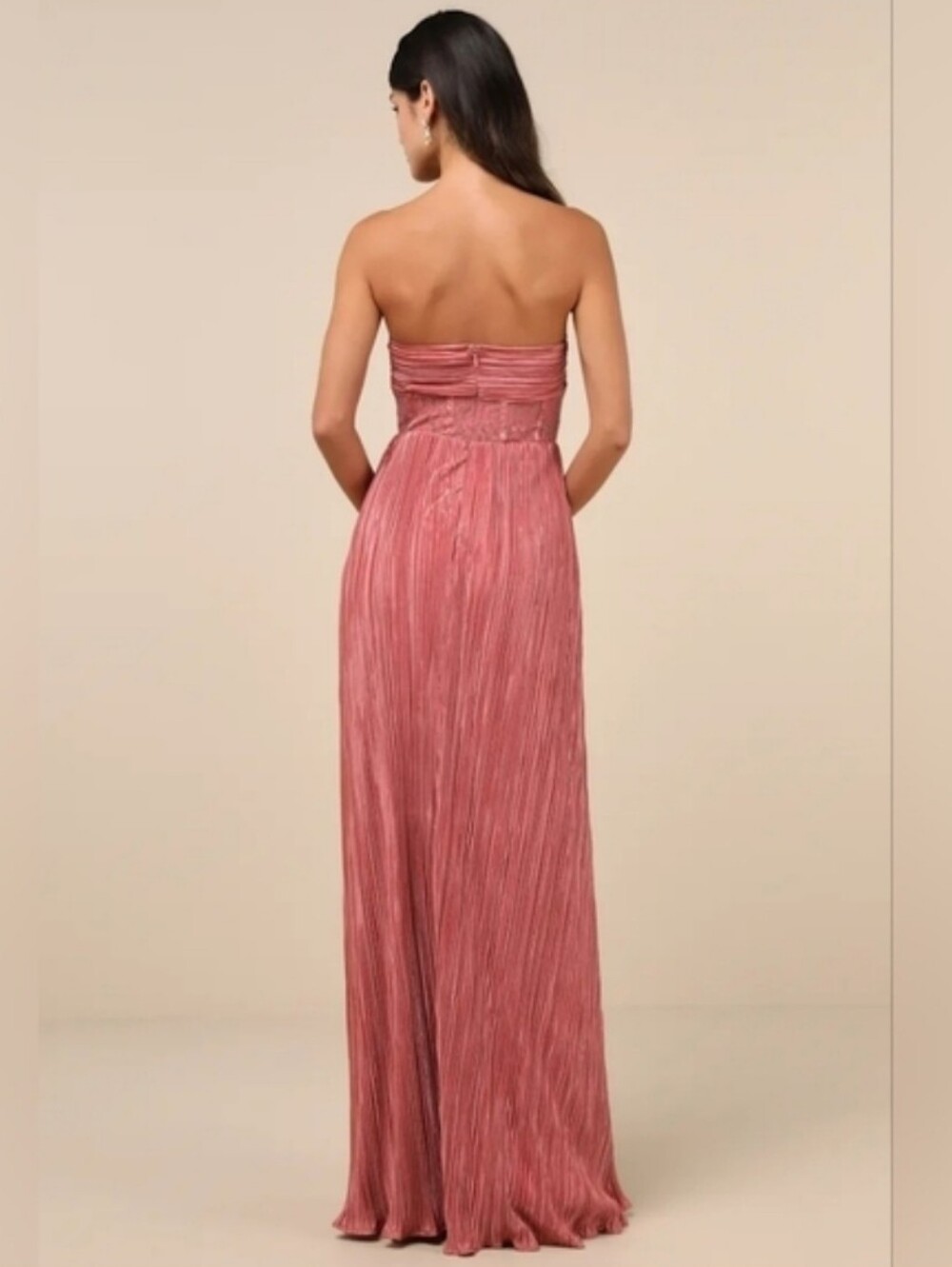 NWT Lulus Desme Rose Pink Satin Plisse Strapless Maxi Dress - Picture 2 of 5
